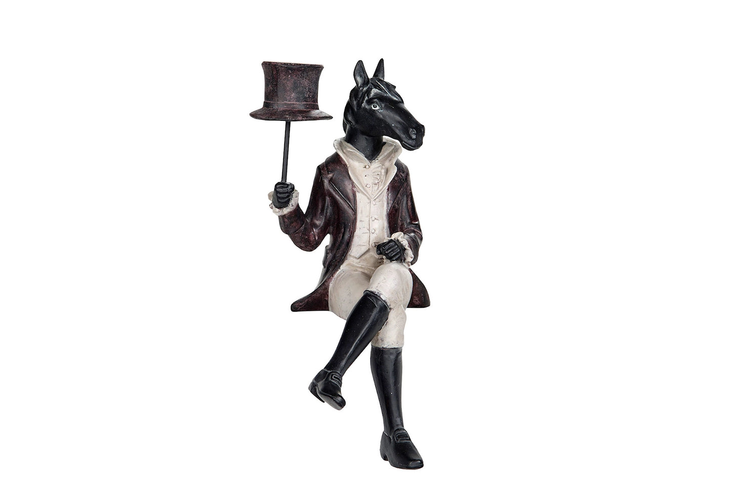 Dekorfigur – sittende hest med flosshatt og dress – 33 cm