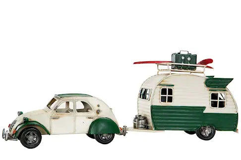 Citroën med campingvogn – dekor i grønn og hvit metall